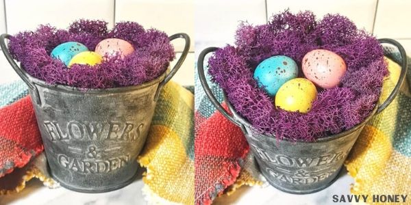 Easter nest on silver container with colorful eggs