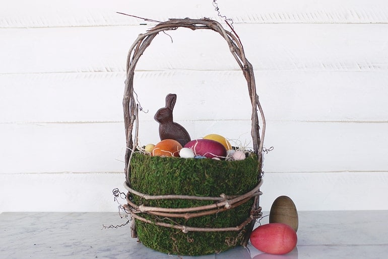 Moss Easter Basket with bunny and eggs inside