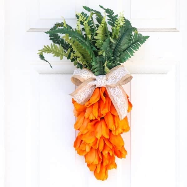 Easter carrot wreath on outside white door decoration