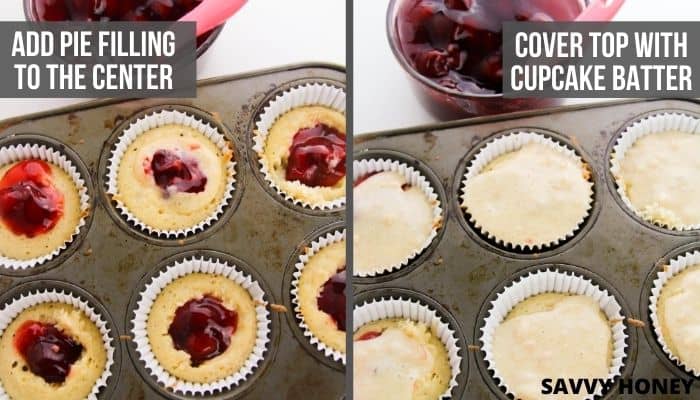 Cherry Cupcake Recipes With Cherry Pie Filling Two pictures of cherry pie cupcakes side by side. Left: metal cupcake pan filled with liners and partially cooked cupcakes with red cherry filling and bowl in background. Right: metal pan with cupcakes in white liner and batter on top of each cupcake, bowl and spoon of filling in the background.