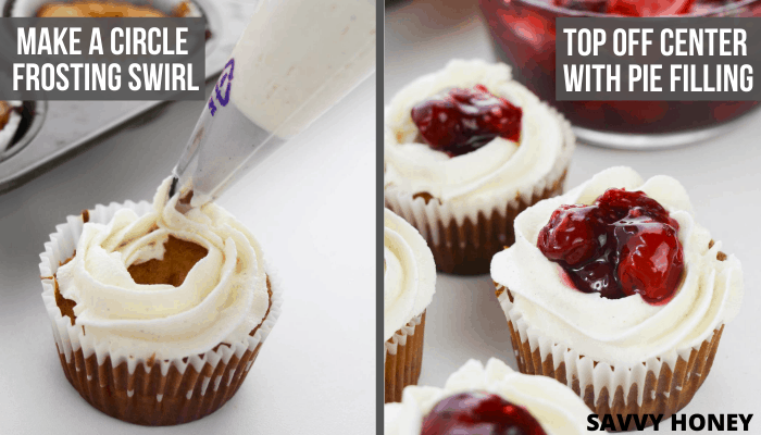 Vanilla Cherry Cupcake Recipe vanilla cherry pie cupcakes frosting tutorial, left image piping bag filled with white frosting leaned up against cupcake with a white cupcake wrapper, cupcake pan in the background. Right image: cupcakes with white fluffy frosting and cherry pie filling on top in white cupcake liners and bowl of filling in the background.