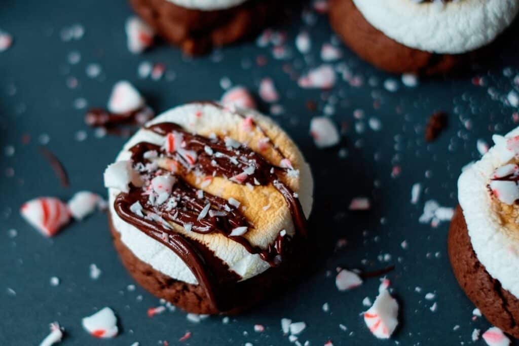 Peppermint hot chocolate cookies with a golden brown marshmallow, melted chocolate and crushed candy canes on top of cookie, dark teal background and crushed candy canes all around cookies