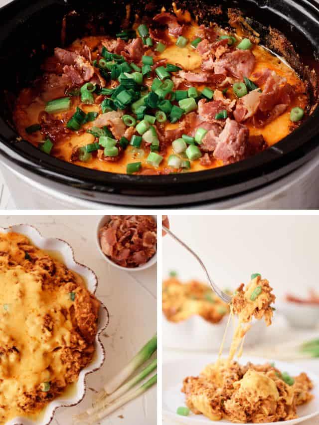 Top image of crack chicken in a crock pot, left bottom crack chicken in white dish next to small bowl of bacon and green onions, right image fork serving plate of crack chicken on a white background.