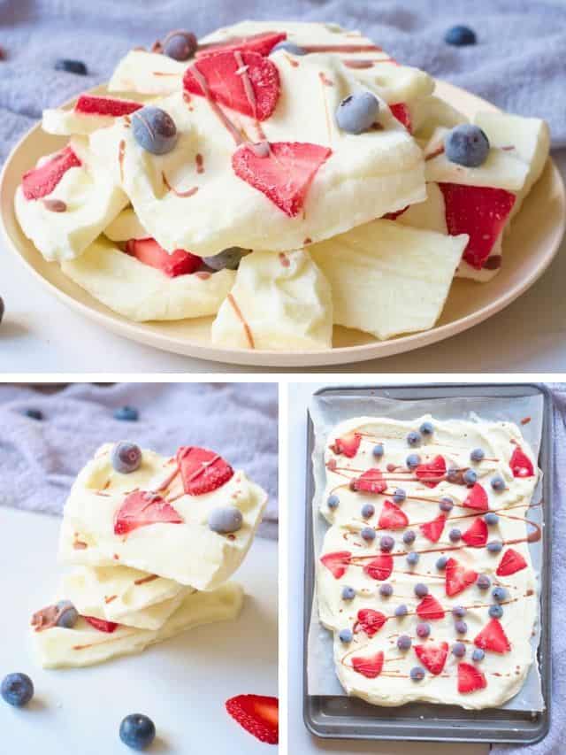 Top image frozen yogurt bark stacked on a beige plate with a grey towel in the background, bottom left image stacked Greek frozen yogurt bark on a marble background, right image Greek yogurt spread out on parchment paper with strawberries, blueberries, and chocolate drizzle on top.
