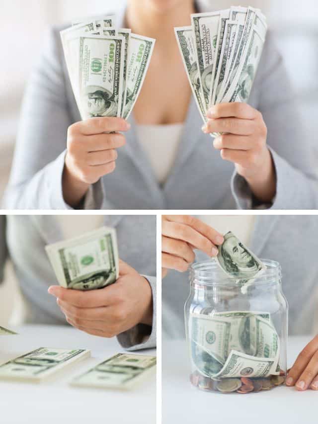 Top image woman in grey blazer holding up hundred dollar bills in her hand, left image woman in grey blazer counting money, right image hand reaching in to a clear jar putting hundred dollar bills into it.