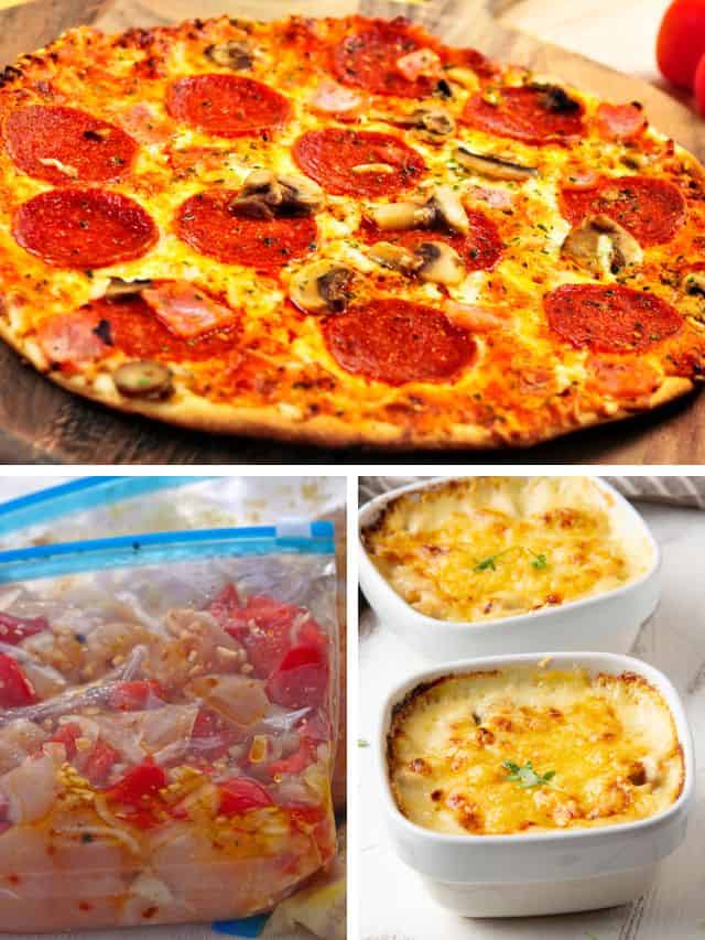Collage of keto freezer meals, top image thin crust pepperoni pizza on a wood tray, bottom left uncooked chicken in a freezer bag, bottom right two small casseroles topped with cheese in white dishes with a white background.