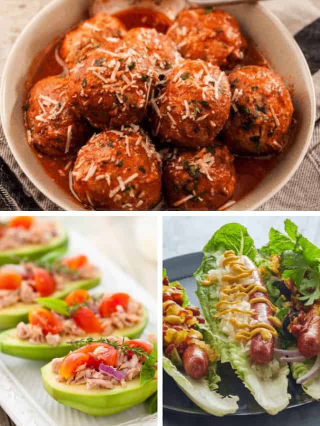 Collage top image meatballs topped with sauce and cheese in a taupe bowl, bottom left image is tuna stuffed avocados on a white plate and bottom right is hot dogs wrapped in lettuce and topped with mustard on a grey plate.