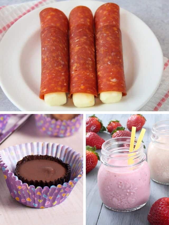 Collage of keto snacks, top image pepperoni wrapped around string cheese on a white plate, bottom left image peanut butter cup in a purple wrapper, right image strawberry smoothie in a glass with yellow straws.