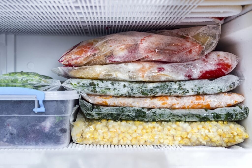 Frozen vegetables in clear plastic bags stacked in a freezer compartment, including what appears to be mixed vegetables, corn, spinach, and other frozen produce.