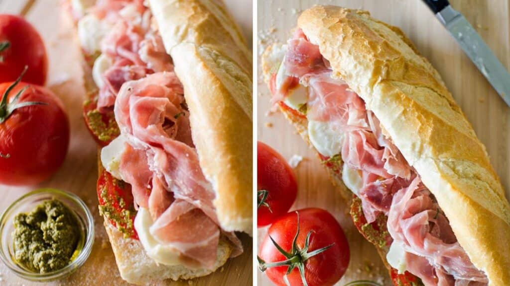 Sandwich filled with meat with bowl of pesto and tomatoes next to it.