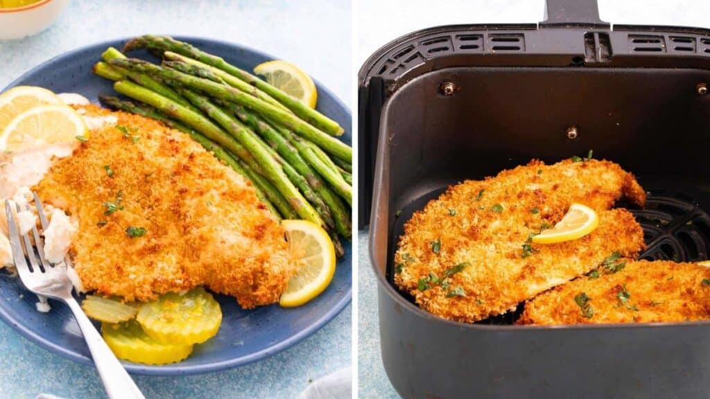 Tilapia with green beens on a blue plate and tilapia in an air fryer.