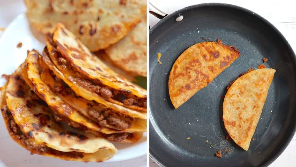 Crispy tacos on a light background and in a skillet.