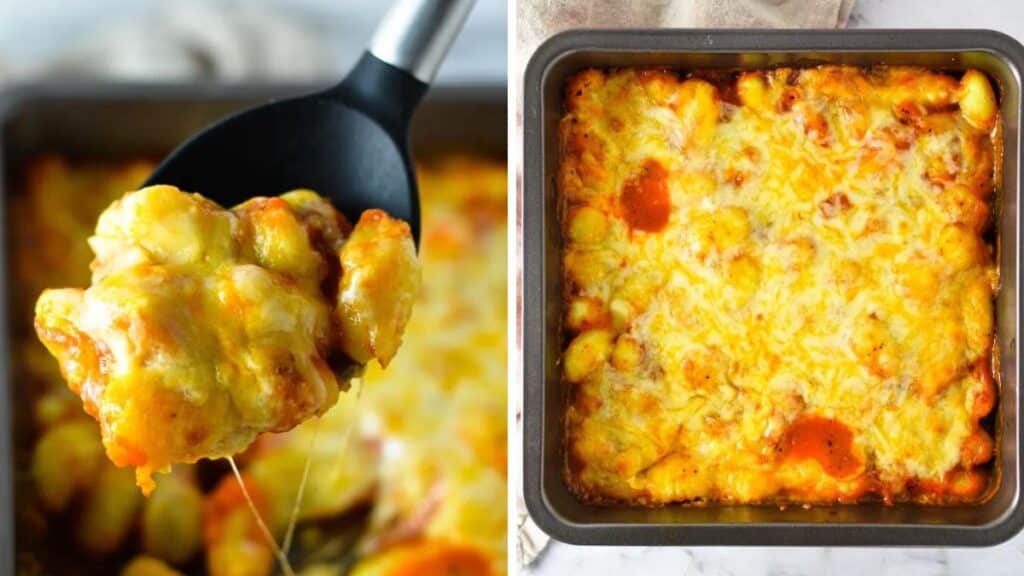 Baked Gnocchi in a dish with spoon.