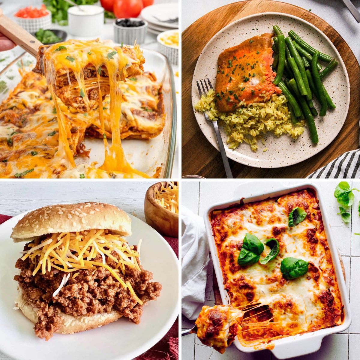 5 Ingredient Dinners collage top left enchiladas being served, top right salmon and green beans, bottom left sloppy Joes, bottom right lasagna.