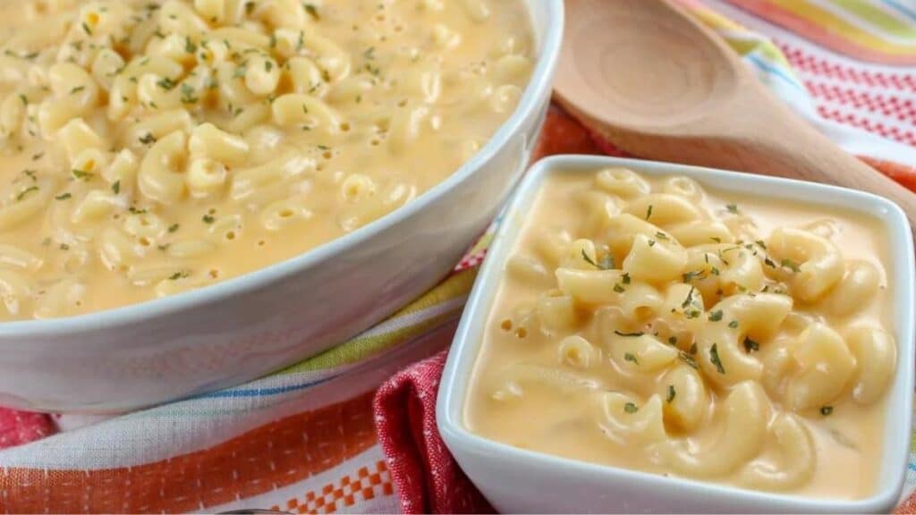 Mac and Cheese in a white bowl.