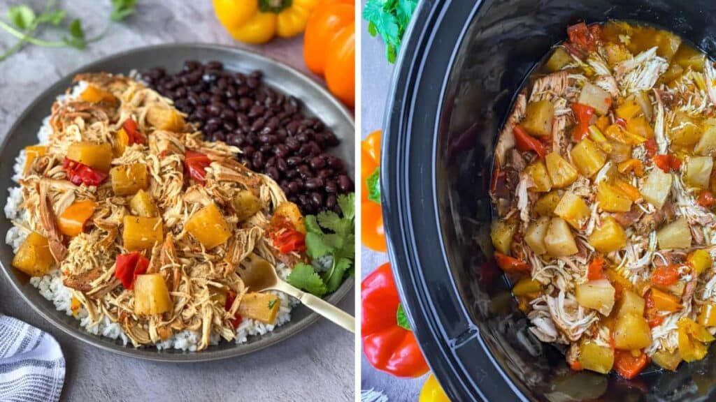 Slow cooker Caribbean jerk chicken in a plate and in a Crock-Pot