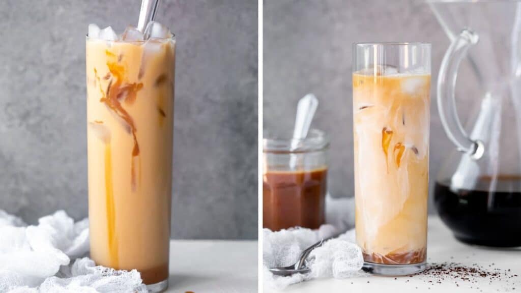 A glass of Caramel Iced Coffee on a counter / A glass of Caramel Iced Coffee with a spoon and a carafe on a counter.
