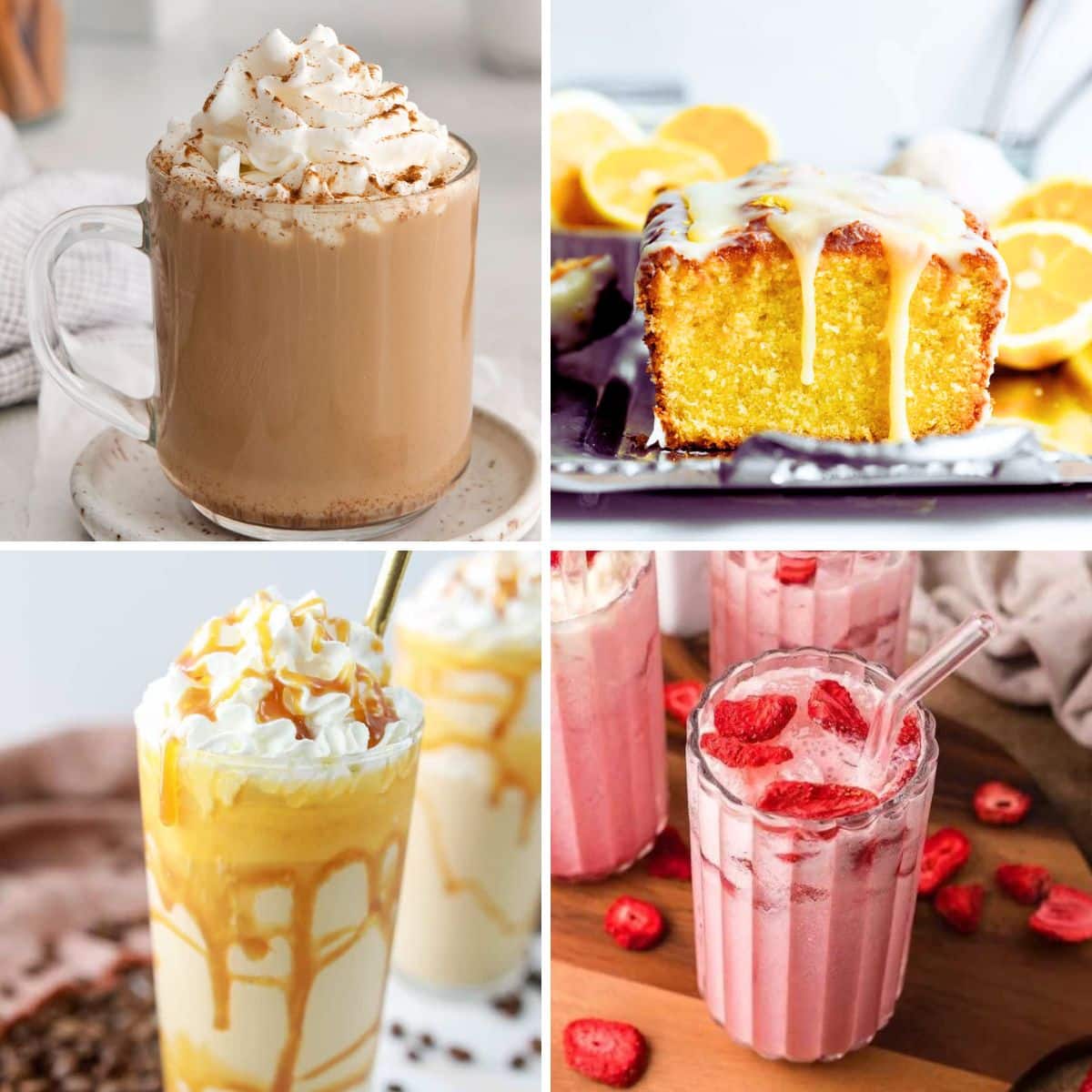 Copycat Starbucks recipes collage, top left dolce latte, top right lemon loaf on baking sheet, bottom left caramel frappuccino, bottom right pink drink