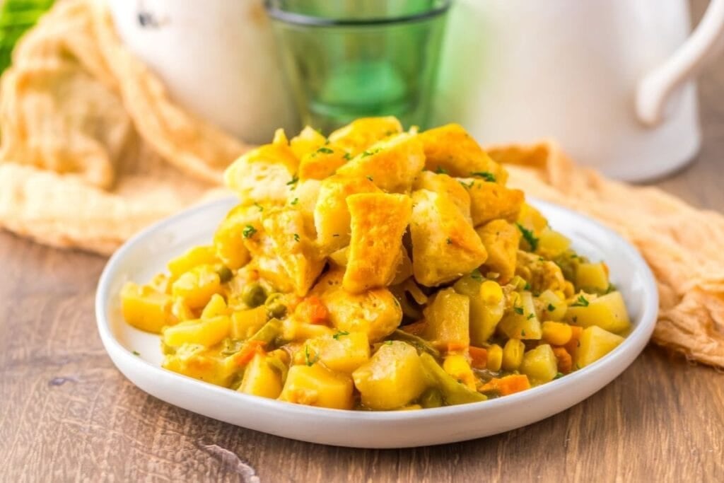 Chicken pot pie casserole on a plate.