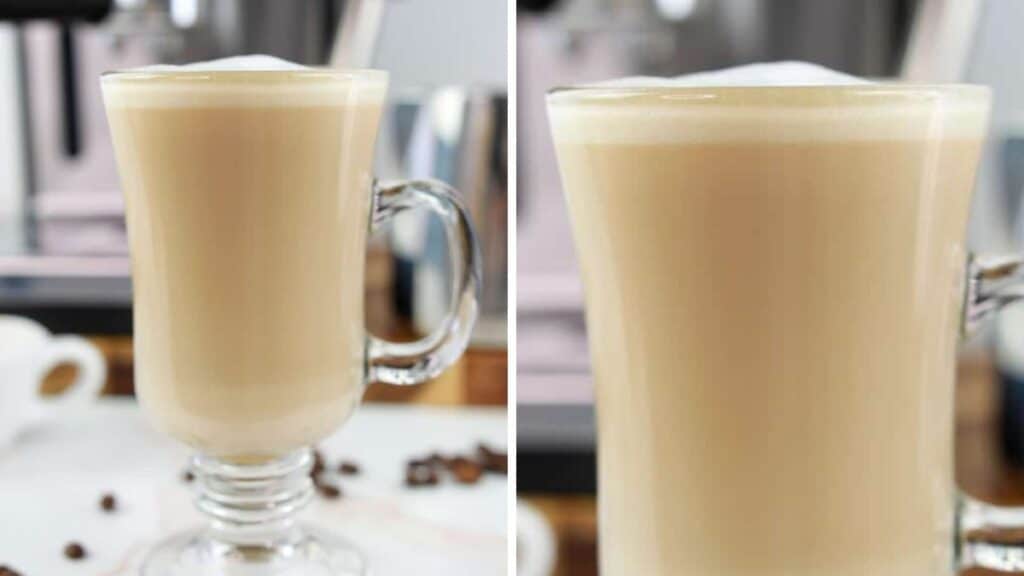 Flat white in a cup with a white handle and coffee beans. One image is far away and one image is close up. 