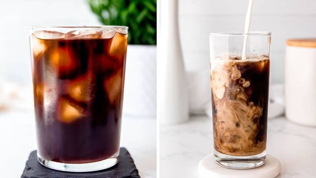 A glass of Cold Brew Coffee with ice on a black coaster / Milk being poured into a glass of Cold Brew Coffee.