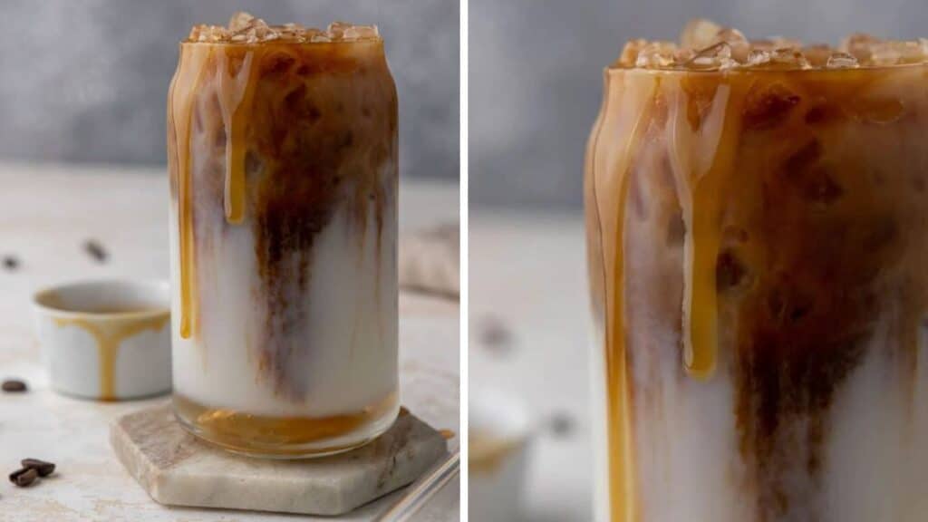 A glass of Iced Caramel Macchiato on a coaster on a counter / A glass of Iced Caramel Macchiato.