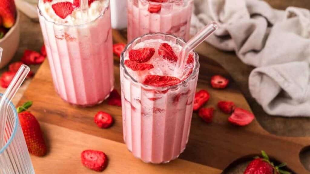 Glasses of frothy pink drinks on a wooden table with straws in them