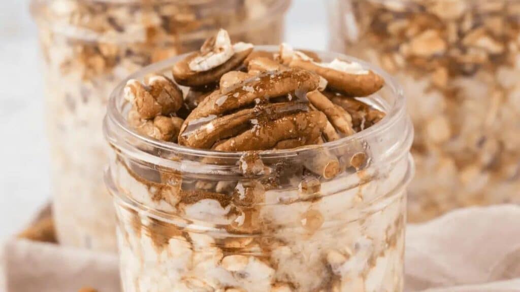 Maple Brown Sugar Overnight Oats in a jar on a light background.