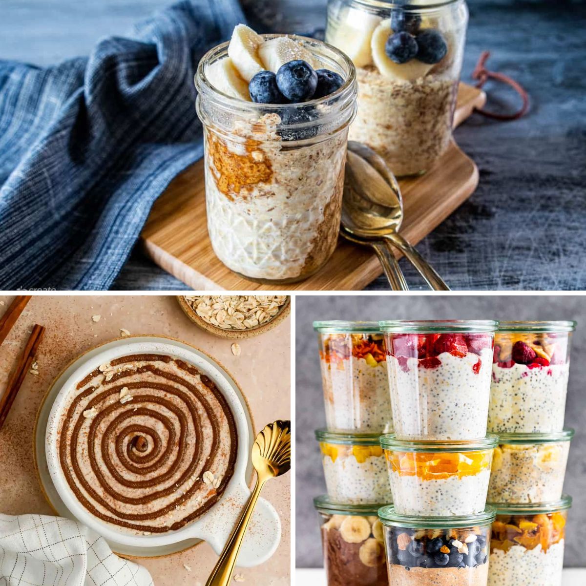Overnight Oats collage, top peanut butter overnight oats in Mason jar topped with blueberries and bananas on a blue background, bottom left cinnamon roll overnight oatmeals on a light background, bottom right overnight oats in different flavors stacked in jars.