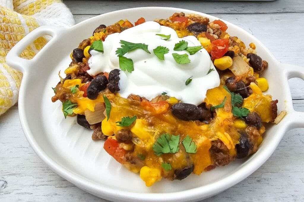 Taco rice casserole on a plate.