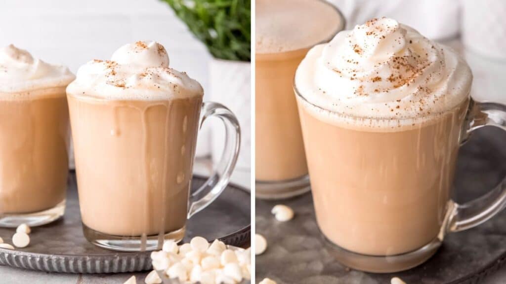 Two glasses of White Mocha drinks on a tray on a table / A glass of White Mocha on a tray.
