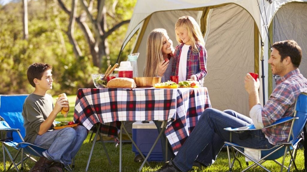 Family picnic in nature with kids and parents enjoying food and fun outdoors.