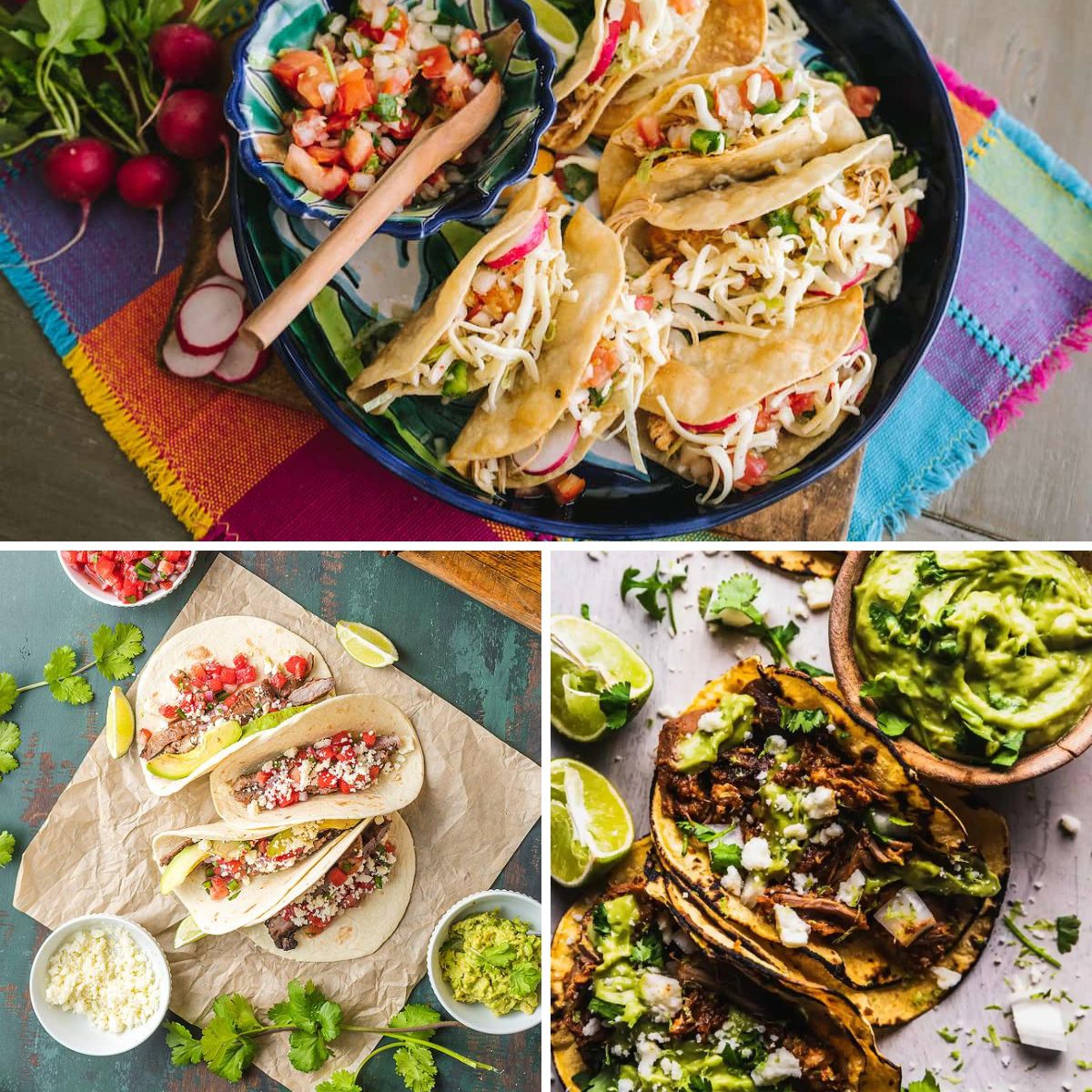 Top crispy chicken tacos on a black plate with salsa, bottom left carne asada tacos on a sheet on a blue background, bottom left tacos filled with meat and toppings.