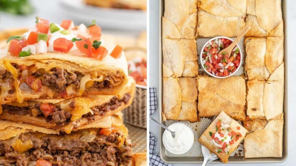 Sheet pan tacos stacked up.