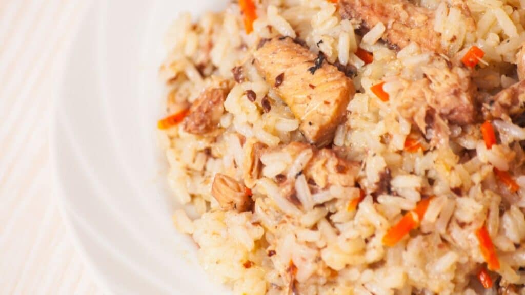 Salmon and rice in a white bowl.