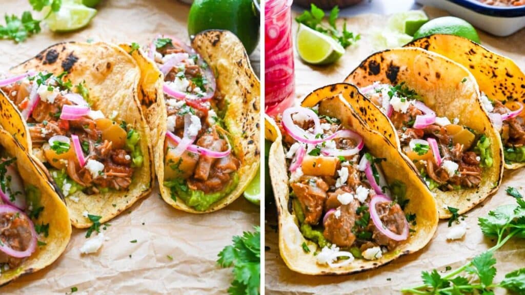 Tinga style pork tacos with limes and cilantro.