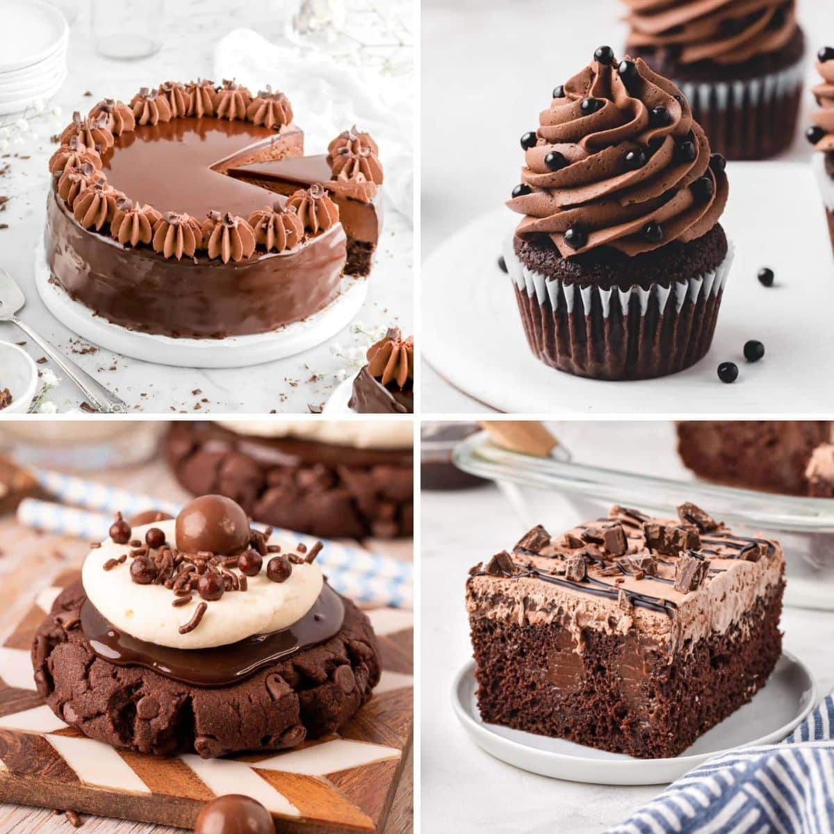Top left chocolate cake, top right chocolate cupcakes, bottom left chocolate cookies, bottom right chocolate cake on a white plate.