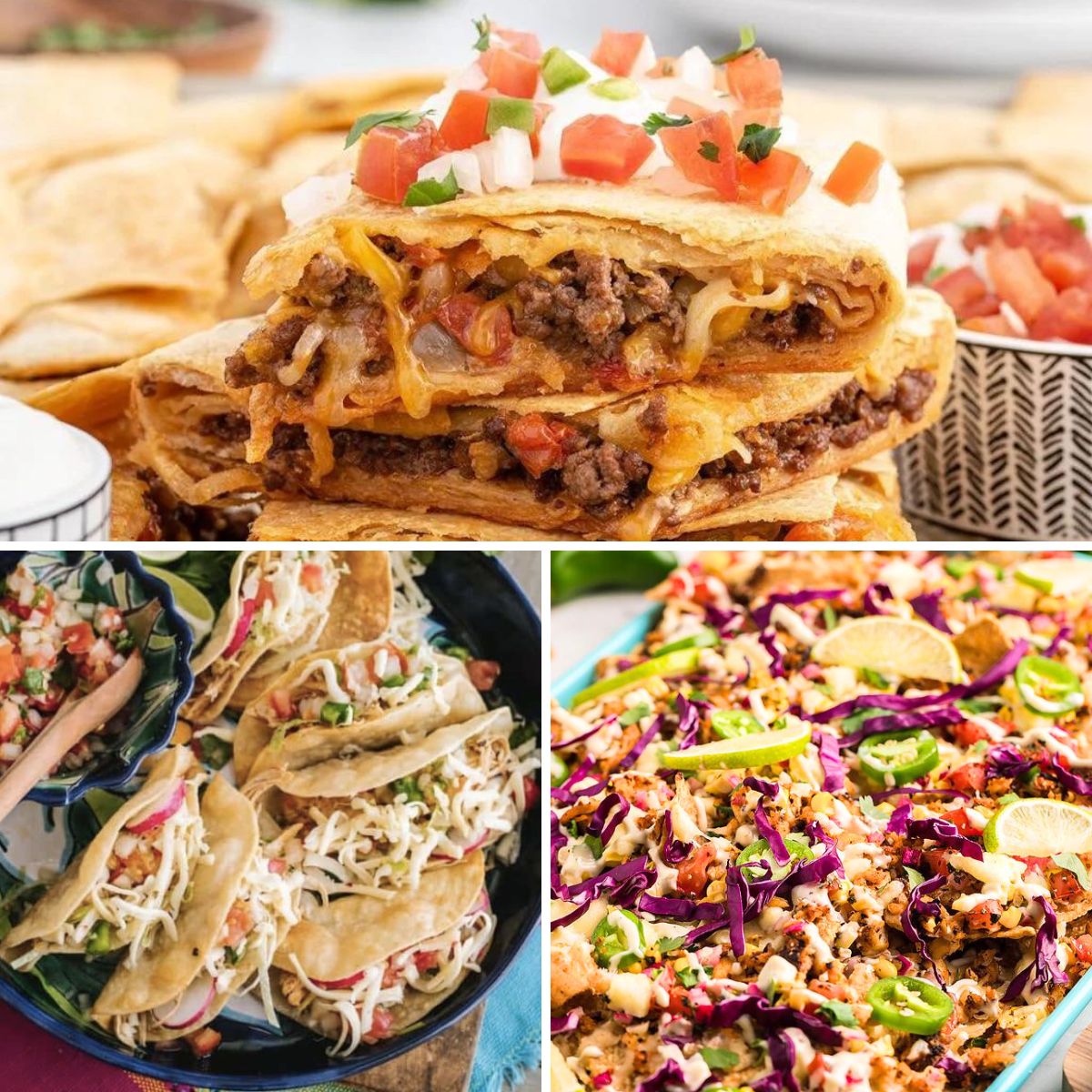 Top sheet pan taco slice, bottom left crispy tacos on a plate, bottom right fish nachos.
