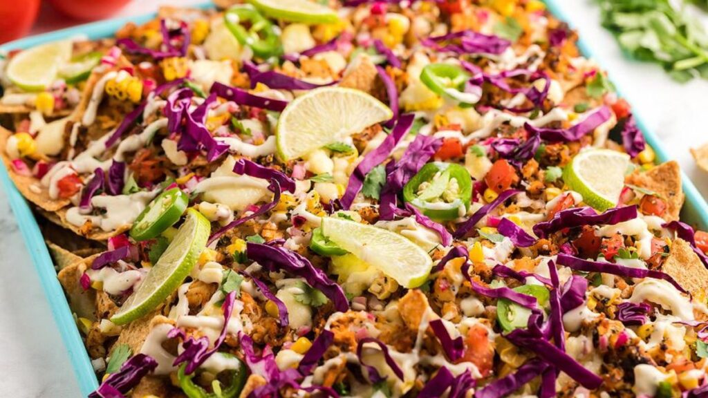 Tilapia Nachos on a sheet pan.