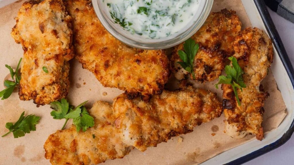 Cheese-It Chicken Tenders  on a tray with dipping sauce.