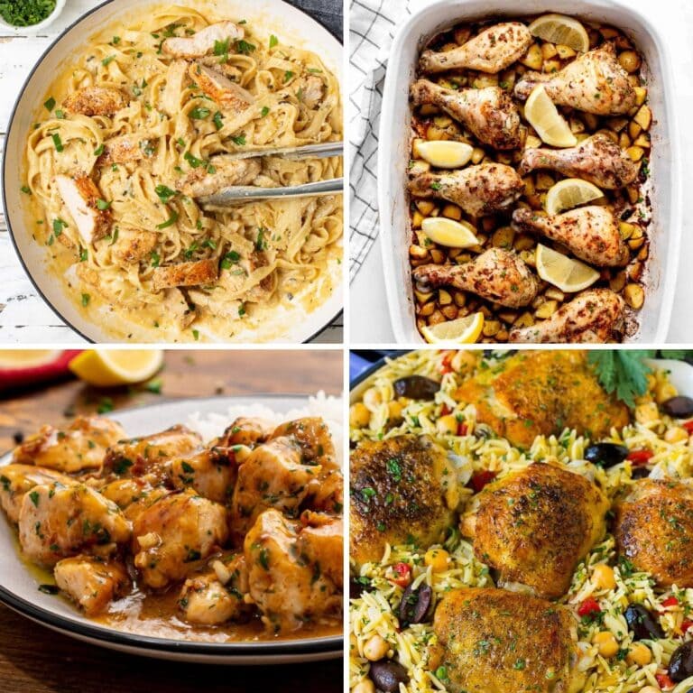 Top left chicken Alfredo in bowl, top right chicken drumsticks and lemon in casserole dish, bottom left chicken and rice on plate, bottom right chicken and rice in dish.