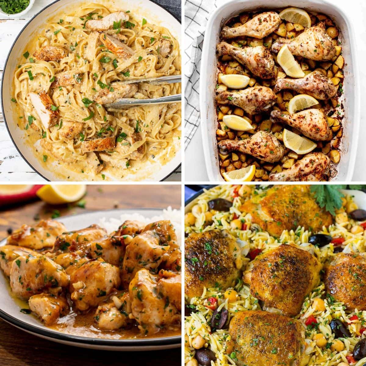 Top left chicken Alfredo in bowl, top right chicken drumsticks and lemon in casserole dish, bottom left chicken and rice on plate, bottom right chicken and rice in dish.