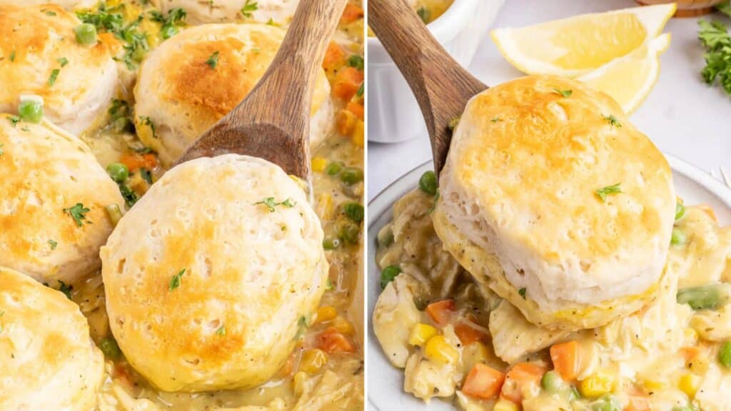 Chicken pot pie casserole in a dish, right image piece of casserole with biscuit on top being served on a white plate.