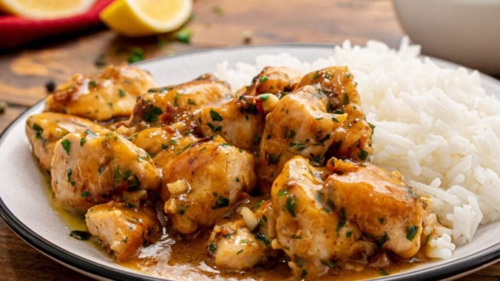Garlic chicken and white rice on a light colored plate on a wood background.