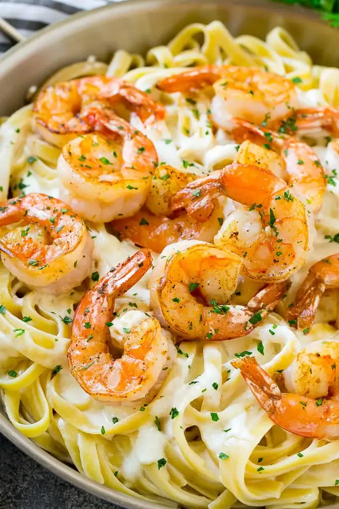 shrimp alfredo in a skillet