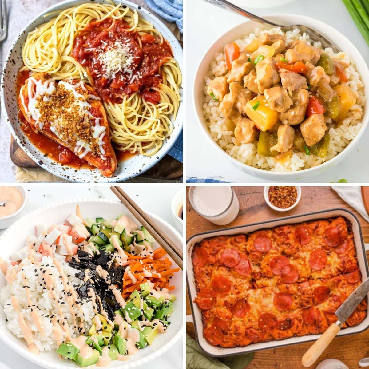 Top left chicken parmesan and pasta on a plate, top right sweet and sour pork with rice in a bowl, bottom left sushi bow, bottom right pizza casserole.