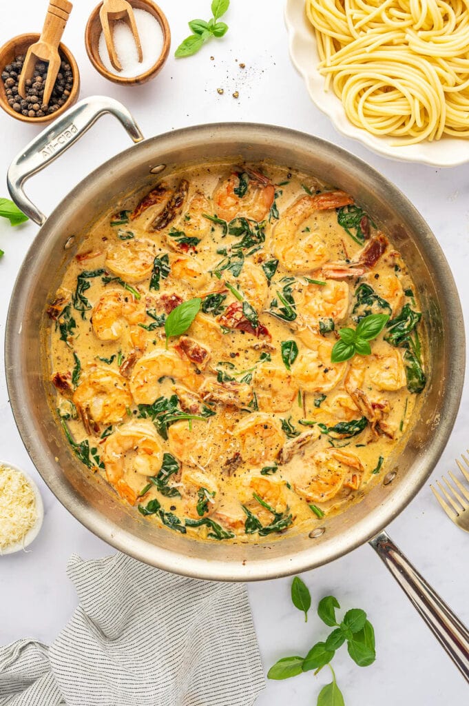 Tuscan shrimp in skillet