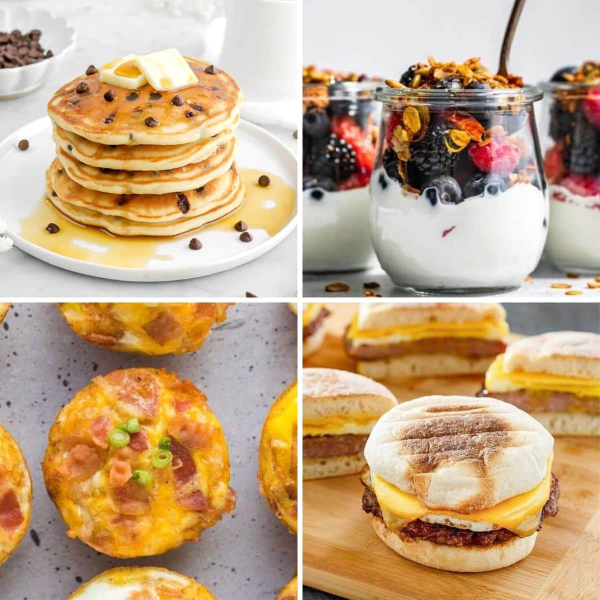 Top left chocolate chip pancakes on a plate, top right yogurt parfaits, bottom left egg bites, bottom right breakfast sausage sandwiches.