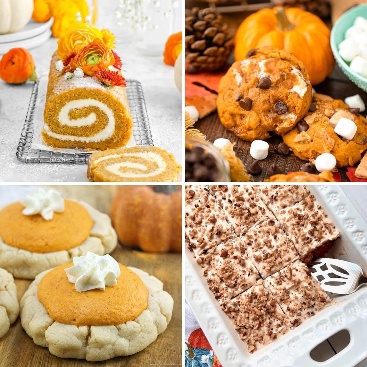 Top left pumpkin roll cake, top right pumpkin cookies with pumpkin, bottom left pumpkin pie cookie, bottom right cake in a white casserole dish.