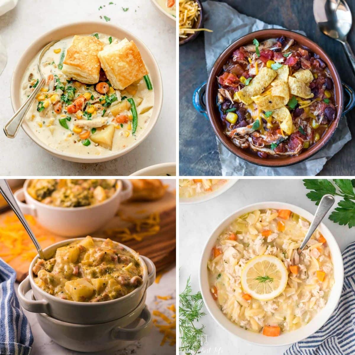 Top left chicken pot pie soup in white bowl, top right chili with chips on top, bottom left cheesy broccoli ham soup in white bowl, bottom right lemon orzo soup.